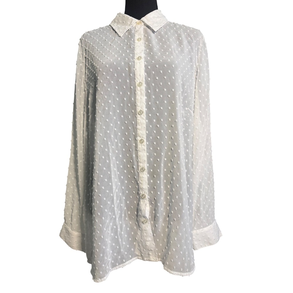 Denim & Co White Swiss Dot Long Sleeve Button Down Blouse Shirt Womens Large